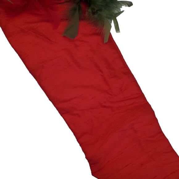 Vintage Silk Christmas Stocking Red Feathered Bell Accents Green Feathers 25" - Picture 5 of 13